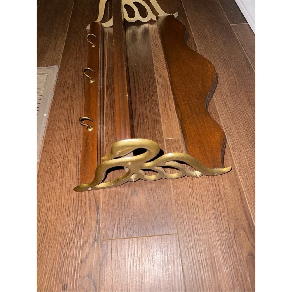 Antique MCM Brass Wood Swan Wall Mount Shelf Coat Rack 3 Hook Rare Style 21